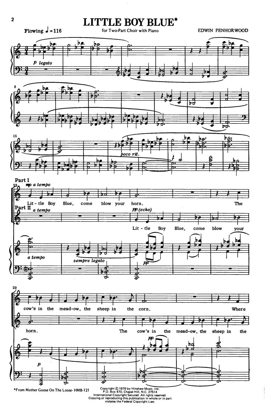 Edwin Penhorwood: Little Boy Blue: 2-Part Choir: Vocal Score