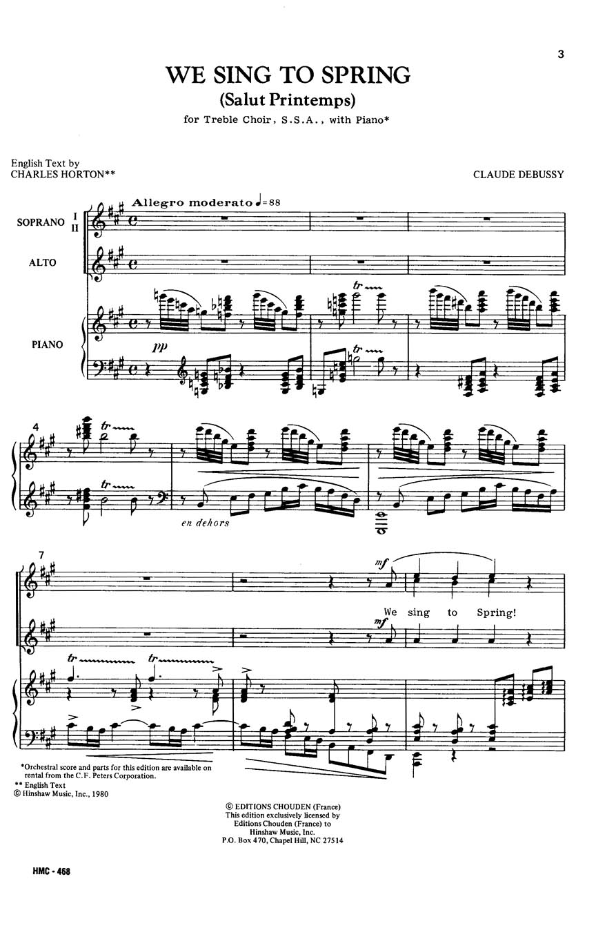 Claude Debussy: We Sing To Spring: SSA: Vocal Score