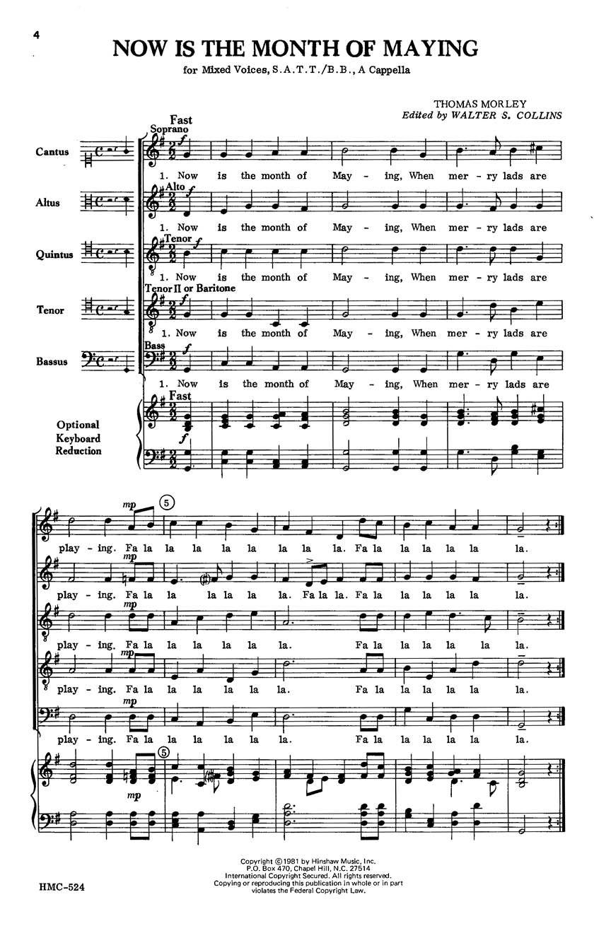 Thomas Morley: Now Is the Month of Maying: SATB: Vocal Score