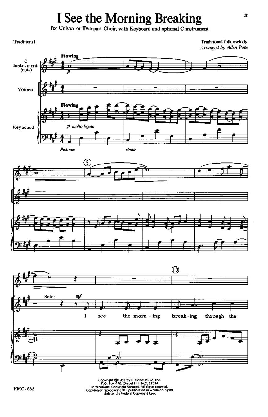 I See The Morning Breaking: Unison or 2-Part Choir: Vocal Score