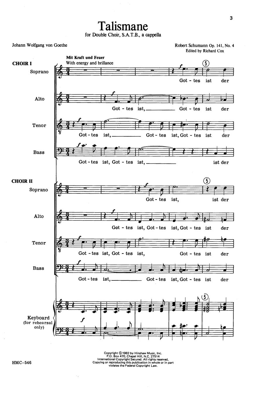 Robert Schumann: Talismane Op 141  No. 4: Double Choir: Vocal Score