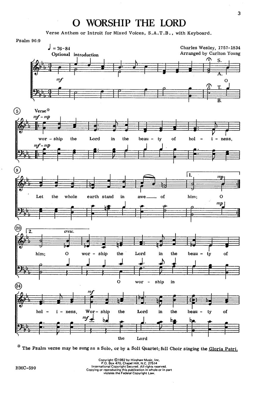 Charles Wesley Jr.: O Worship the Lord: SATB: Vocal Score