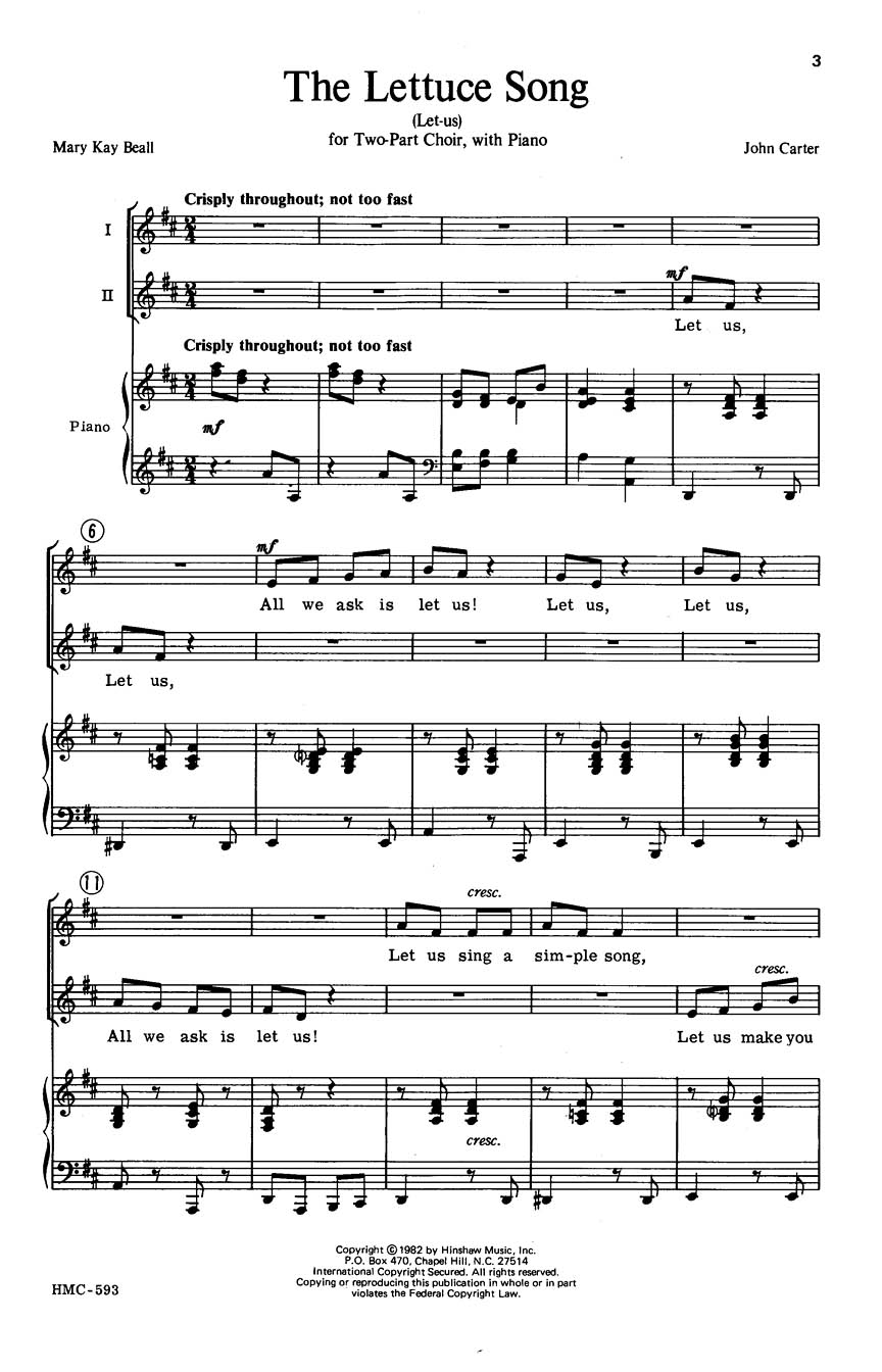 John Carter: The Lettuce Song: 2-Part Choir: Vocal Score