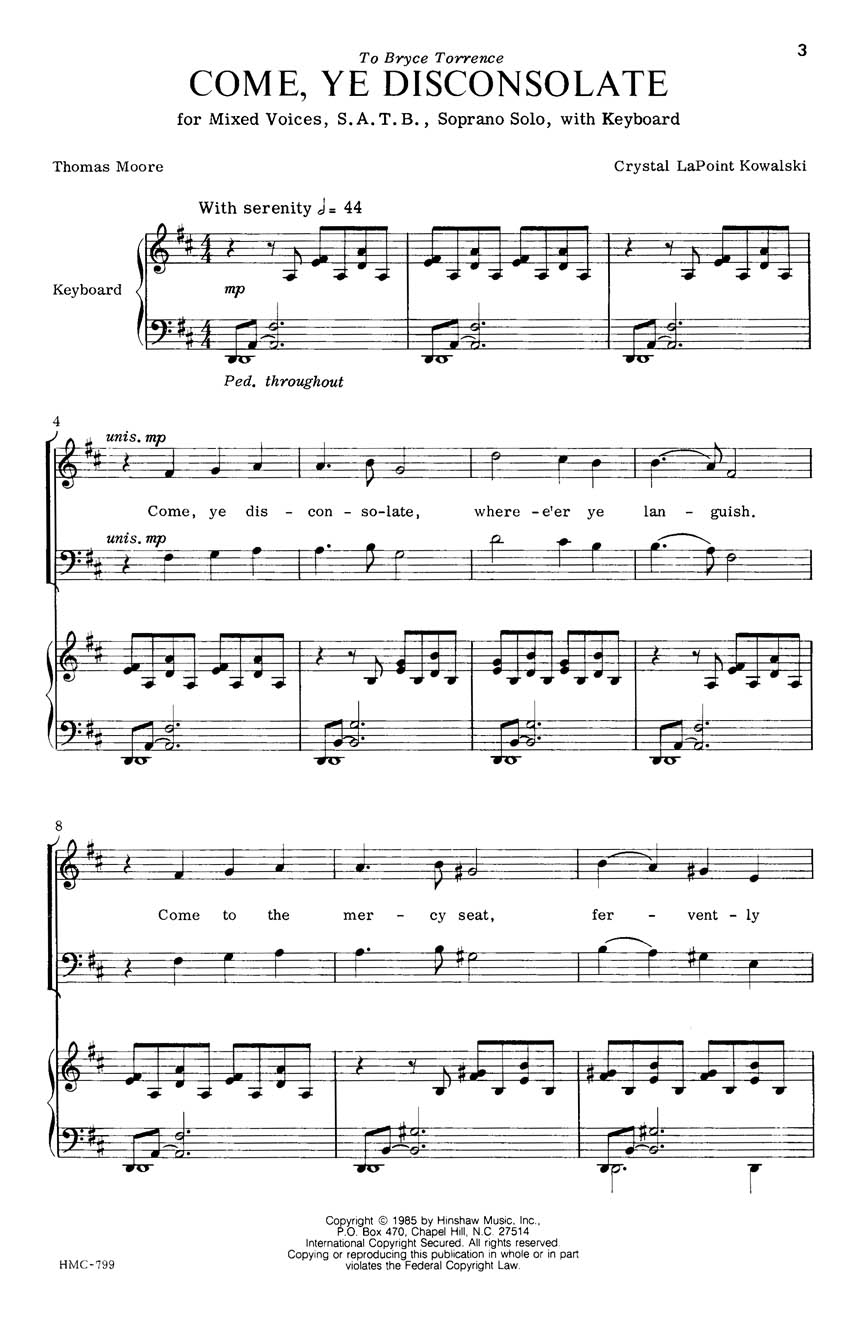 Crystal Godfrey LaPoint: Come  Ye Disconsolate: SATB: Vocal Score