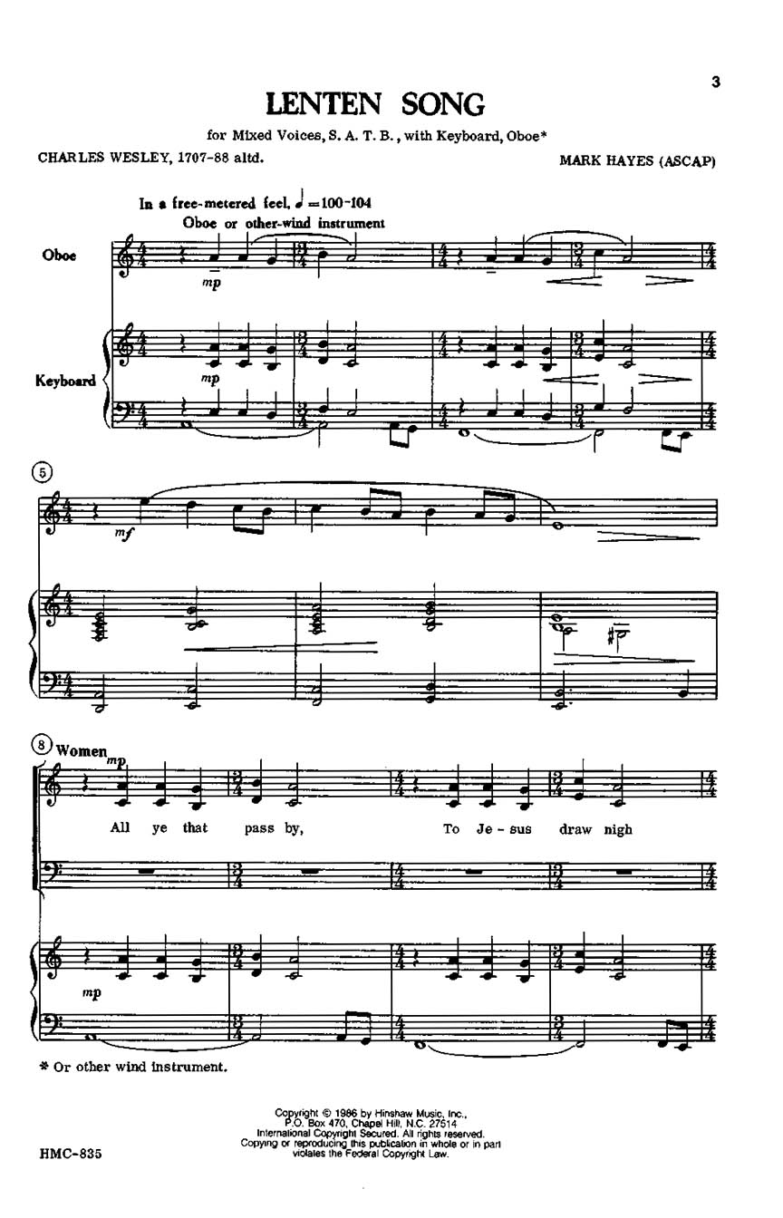 Mark Hayes: Lenten Song: SATB: Vocal Score