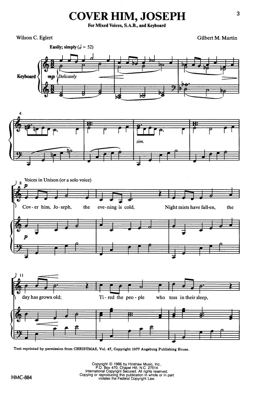 Gilbert M. Martin: Cover Him Joseph: SAB: Vocal Score