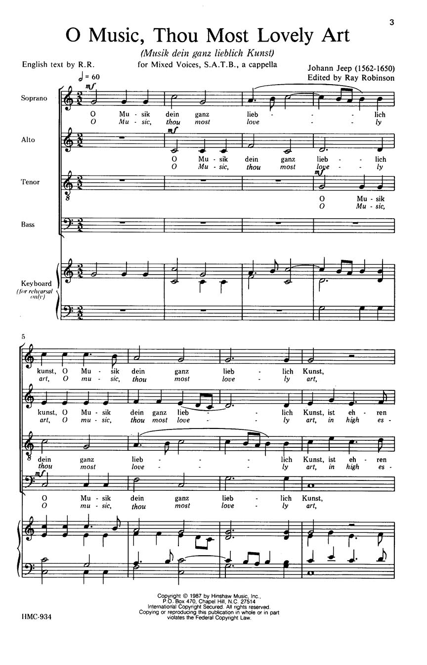 Johann Jeep: O Music  Thou Most Lovely Art: SATB: Vocal Score