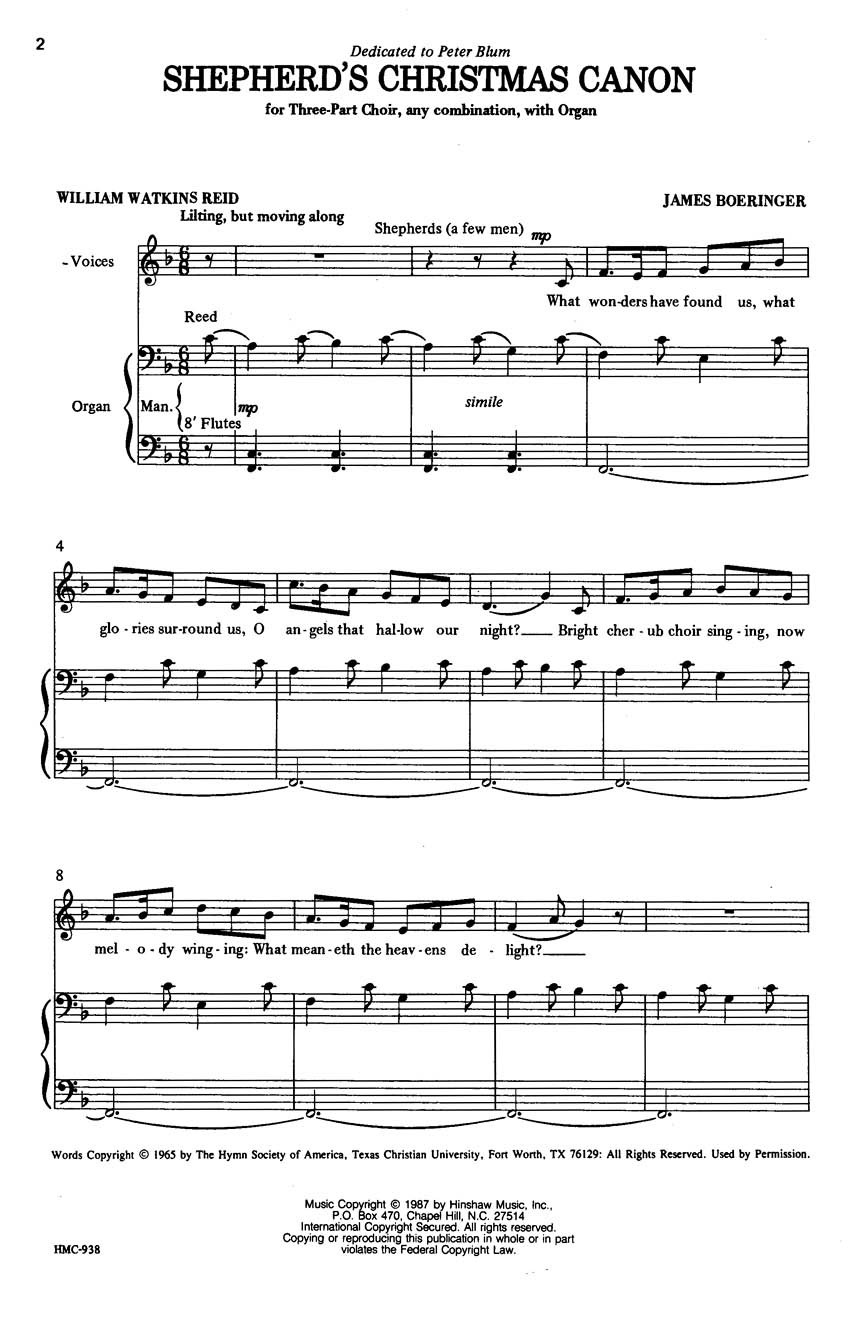 James Boeringer: Shepherd's Christmas Canon: 3-Part Choir: Vocal Score