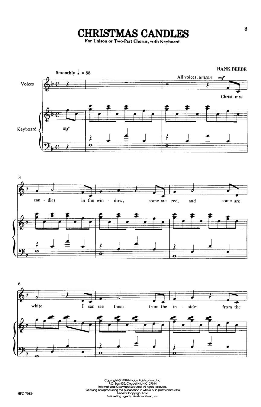 Hank Beebe: Christmas Candles: Unison or 2-Part Choir: Vocal Score