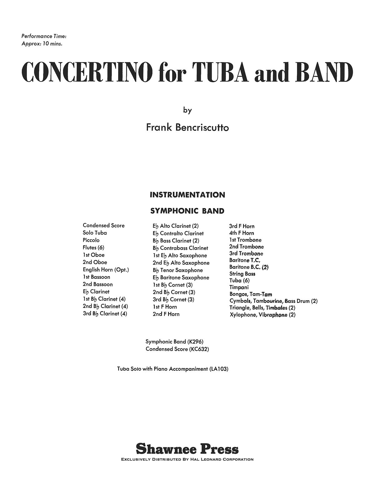 Frank Bencriscutto: Concertino for Tuba and Band: Tuba: Score and Parts