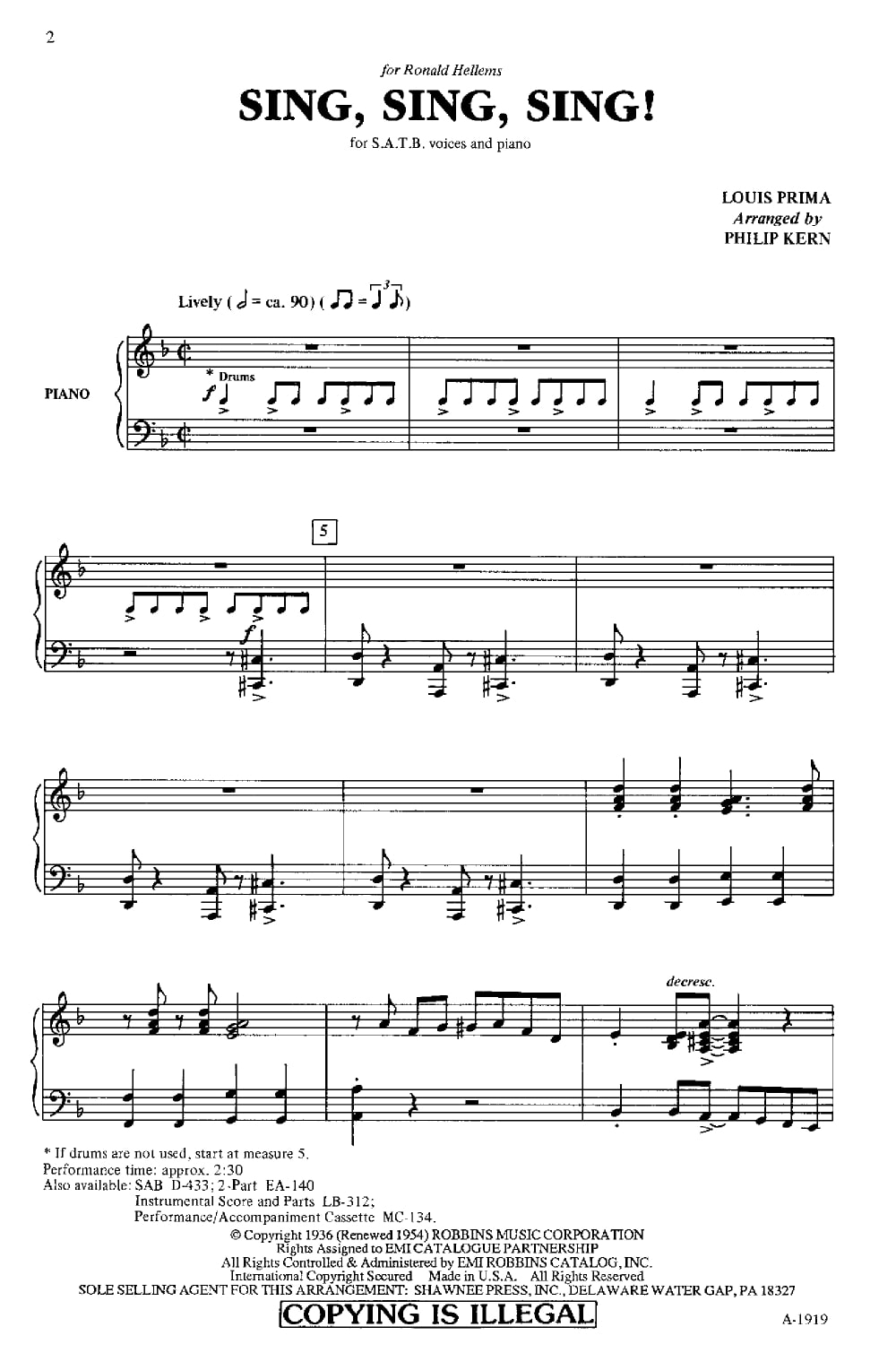 Louis Prima: Sing  Sing  Sing: SATB: Vocal Score