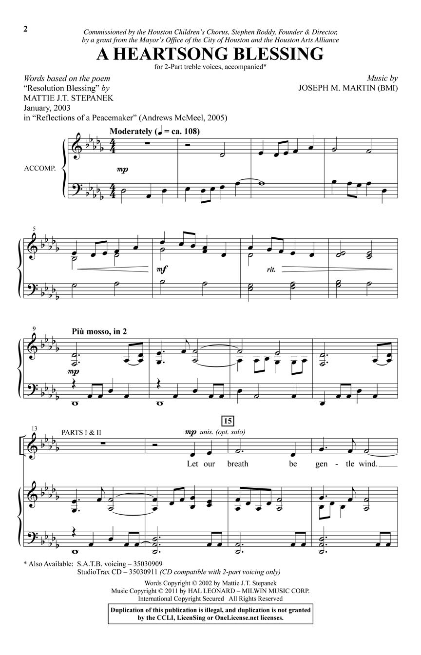 Mattie Stepanek Joseph M. Martin: A Heartsong Blessing: 2-Part Choir: Vocal