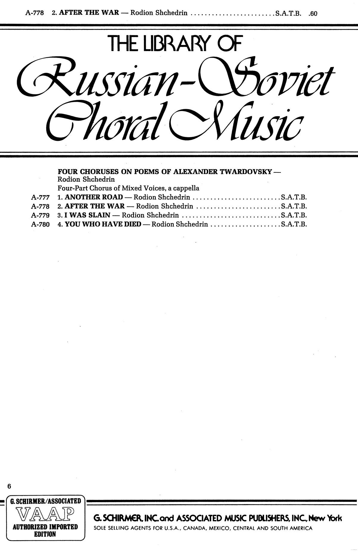 Rodion Shchedrin: 2 After the War: SATB: Vocal Score