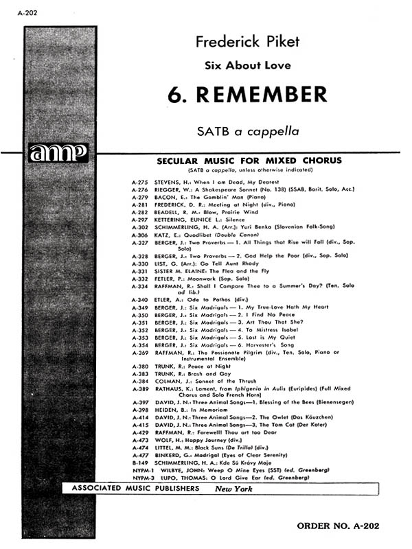F Picket: Remember 6 About Love: SATB: Vocal Score