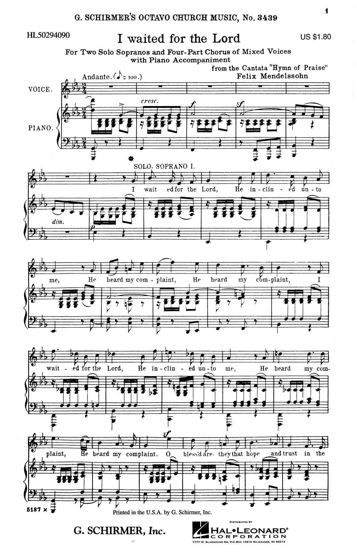 Felix Mendelssohn Bartholdy: I Waited for the Lord: SATB: Vocal Score