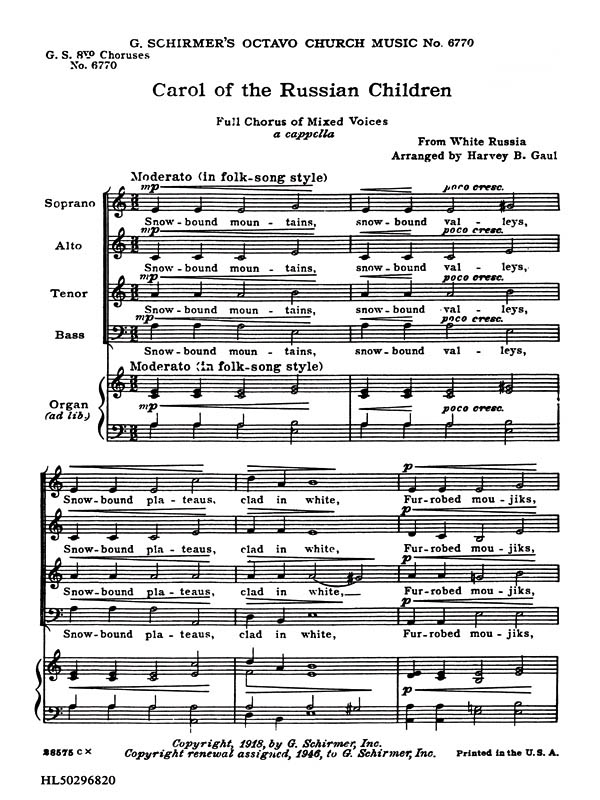 Folk Song: Carol of Russian Chldren: SATB: Vocal Score