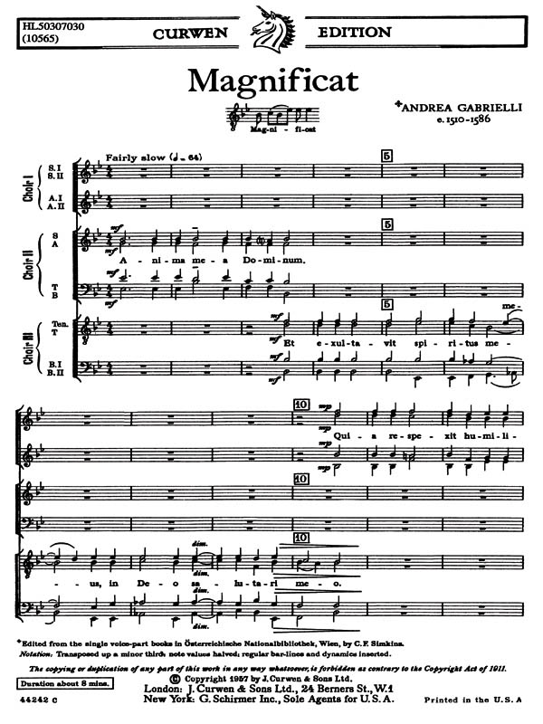 Andrea Gabrieli: Magnificat For Three Choruses SATB TTBB SSAA: SATB: Vocal Score