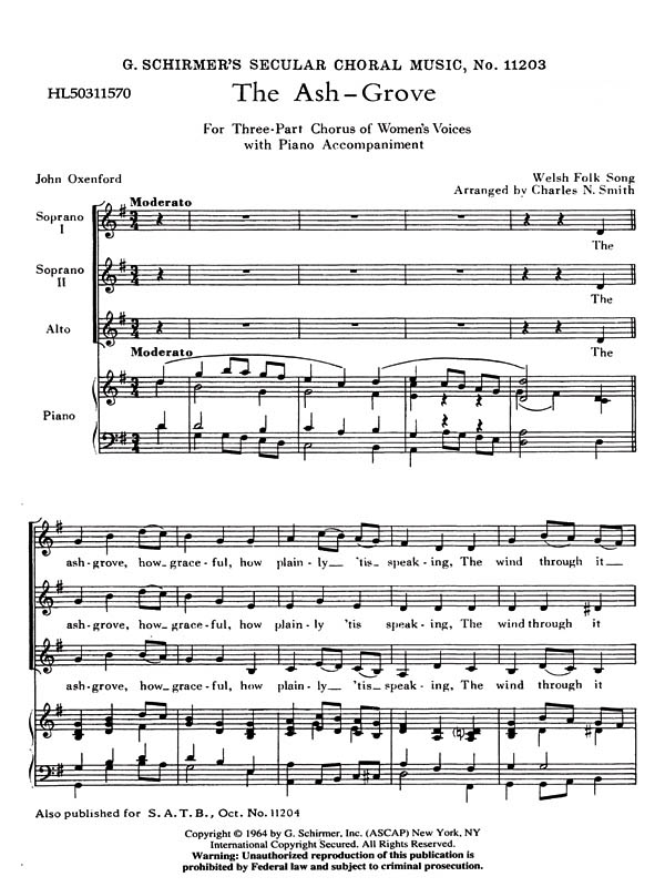 Traditional: Ash Grove Welsh Folk Song: SSA: Vocal Score