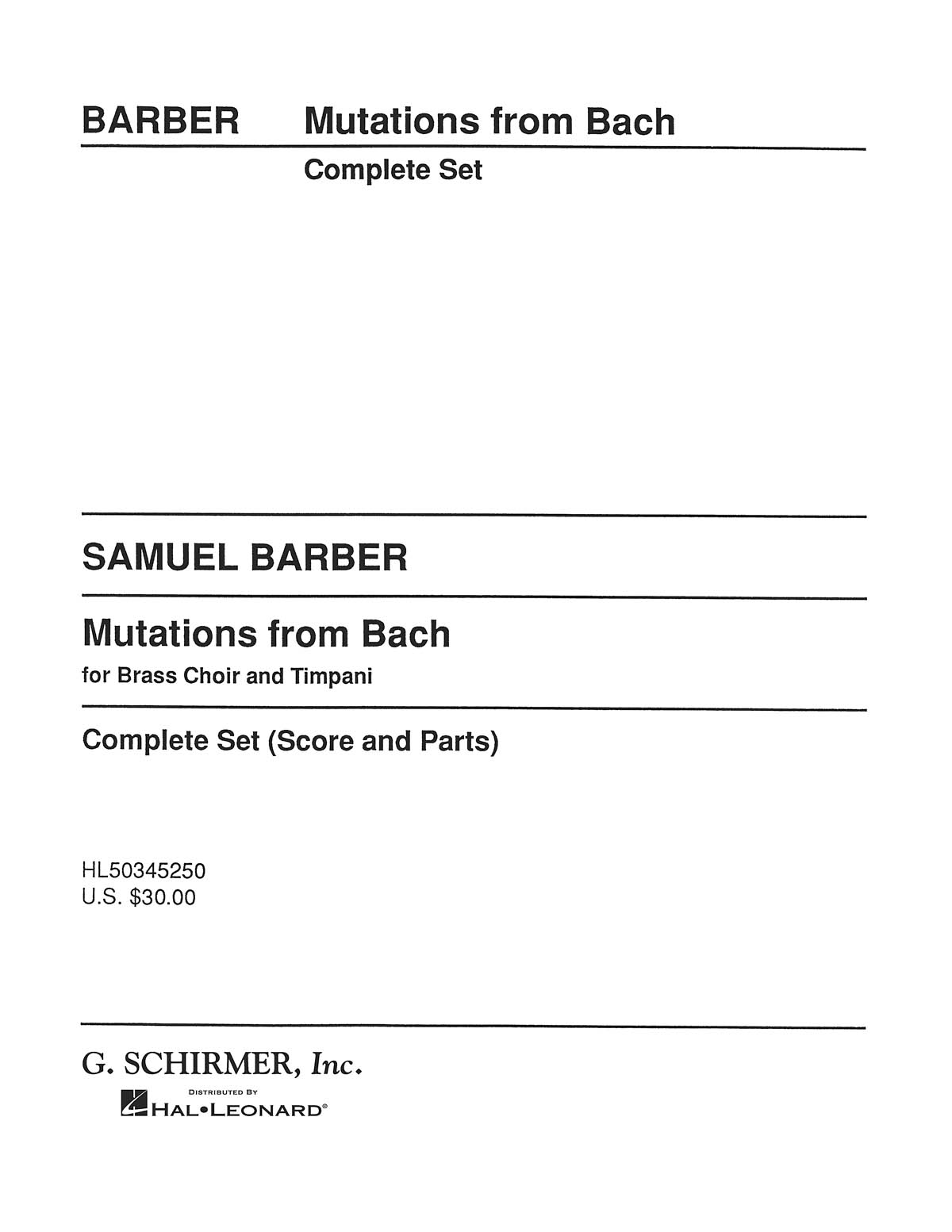 Samuel Barber: Mutations from Bach: Brass Ensemble: Score and Parts