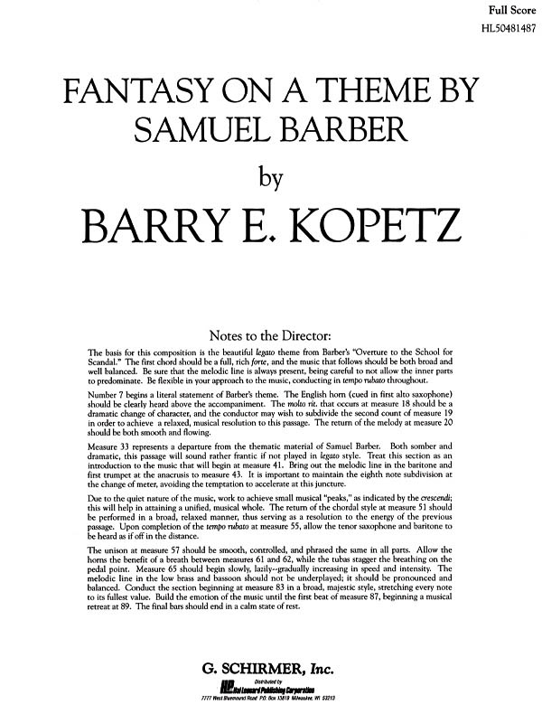 Barry E. Kopetz: Fantasy on a Theme by Samuel Barber: Concert Band: Score