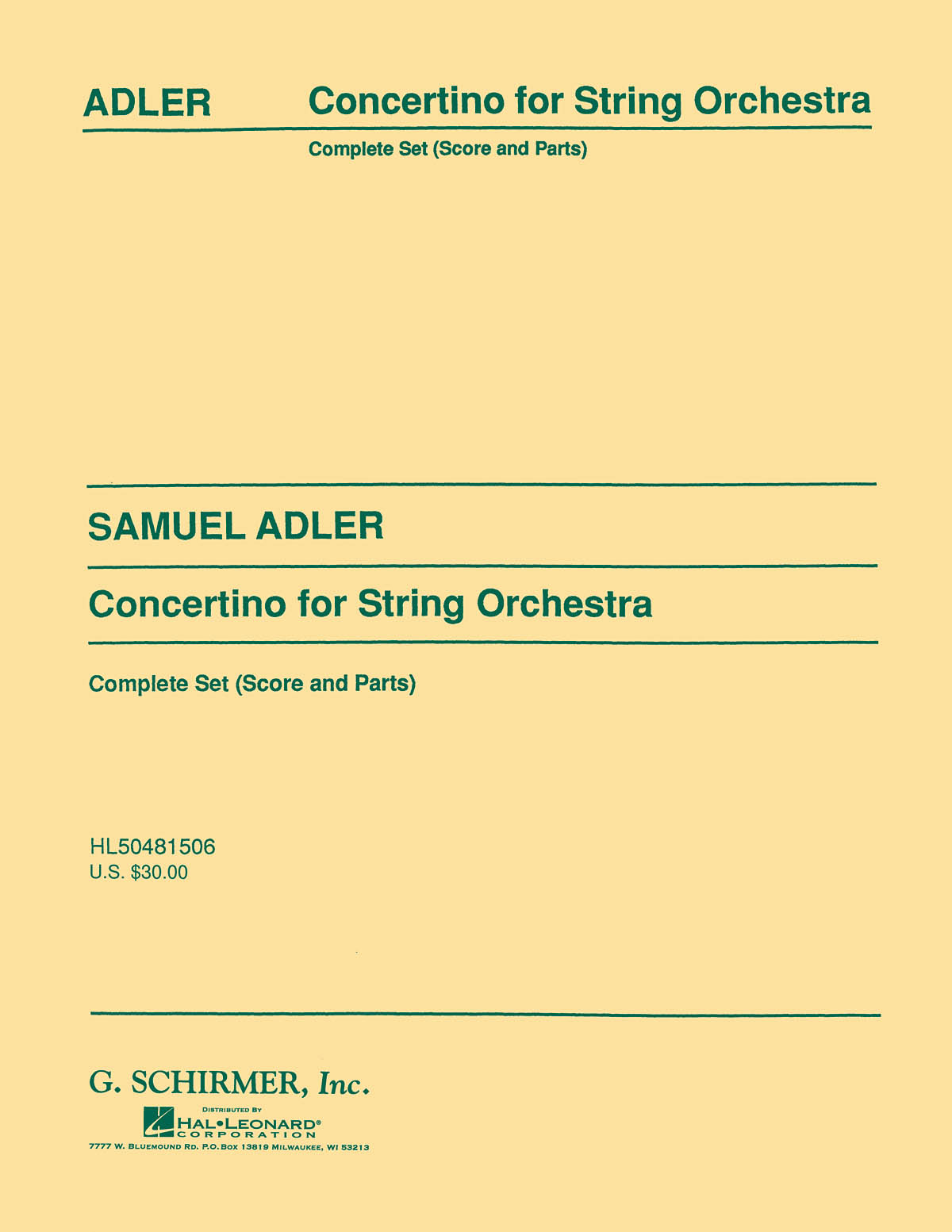 S. Adler: Concertino for String Orchestra: Orchestra: Score & Parts