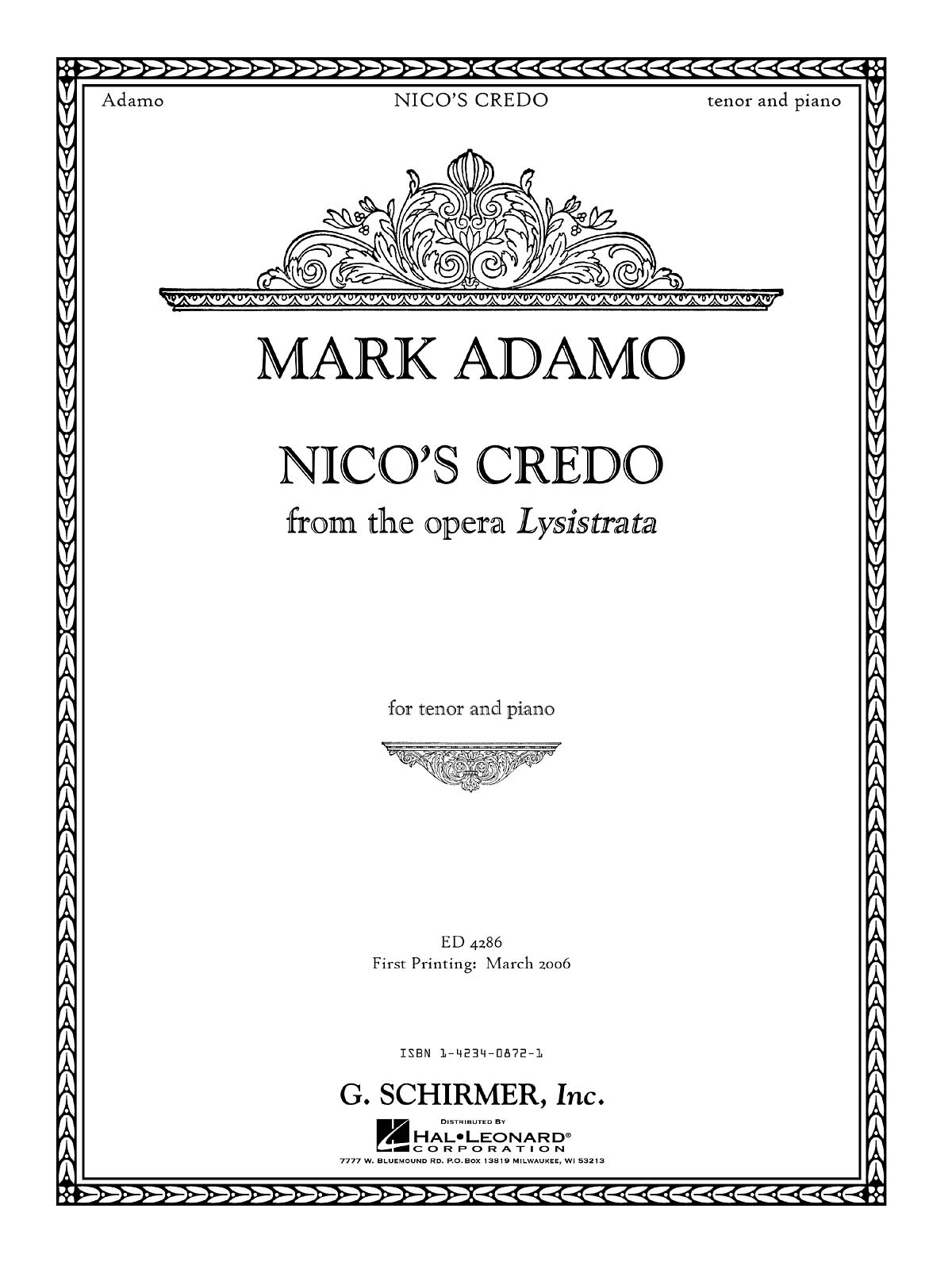 Mark Adamo: Nico's Credo from Lysistrata: Tenor: Vocal Album
