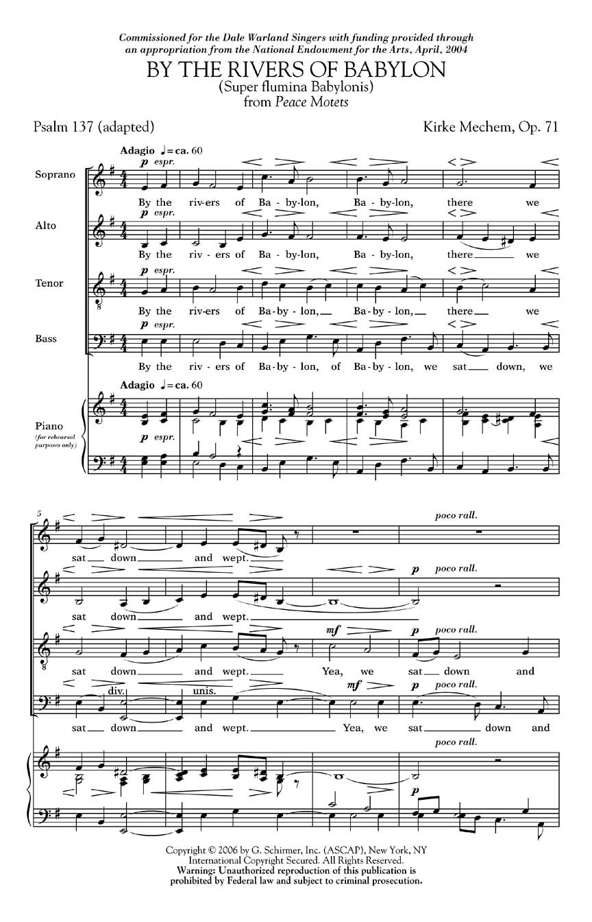 Kirke Mechem: By the Rivers of Babylon (from Peace Motets): SATB: Vocal Score
