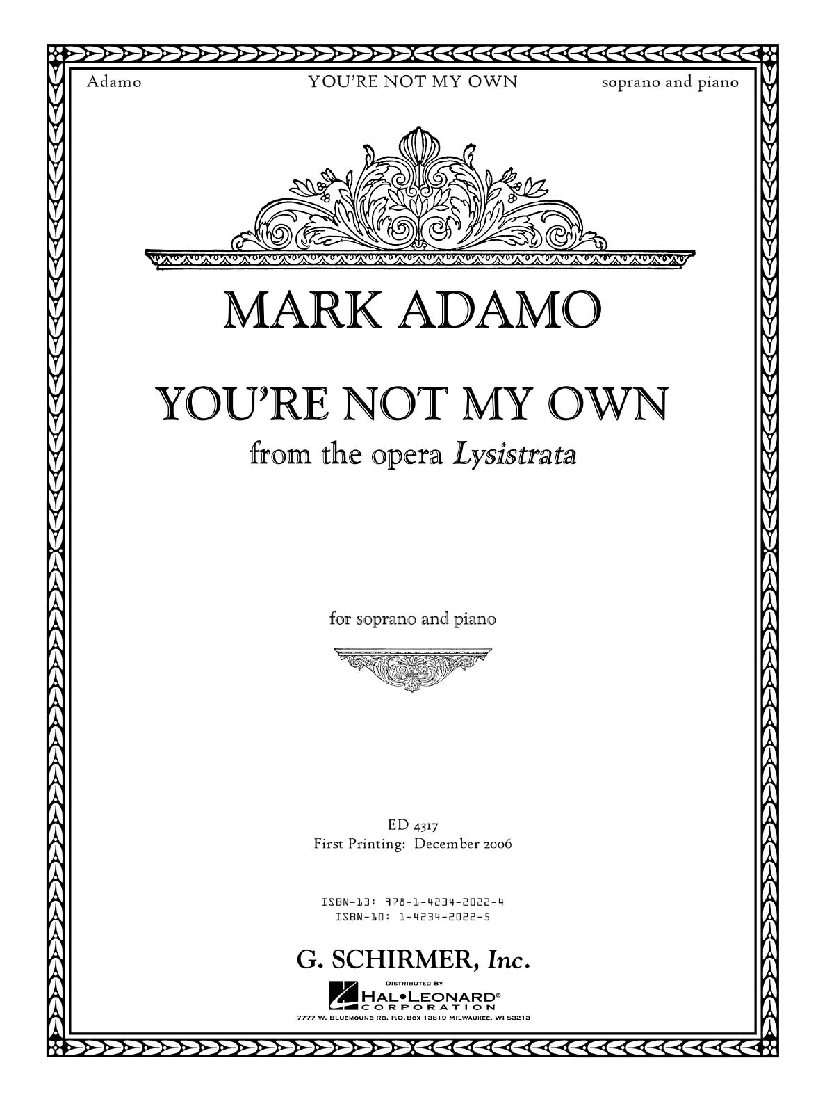 Mark Adamo: You're Not My Own from the opera Lysistrata: Soprano: Vocal Work