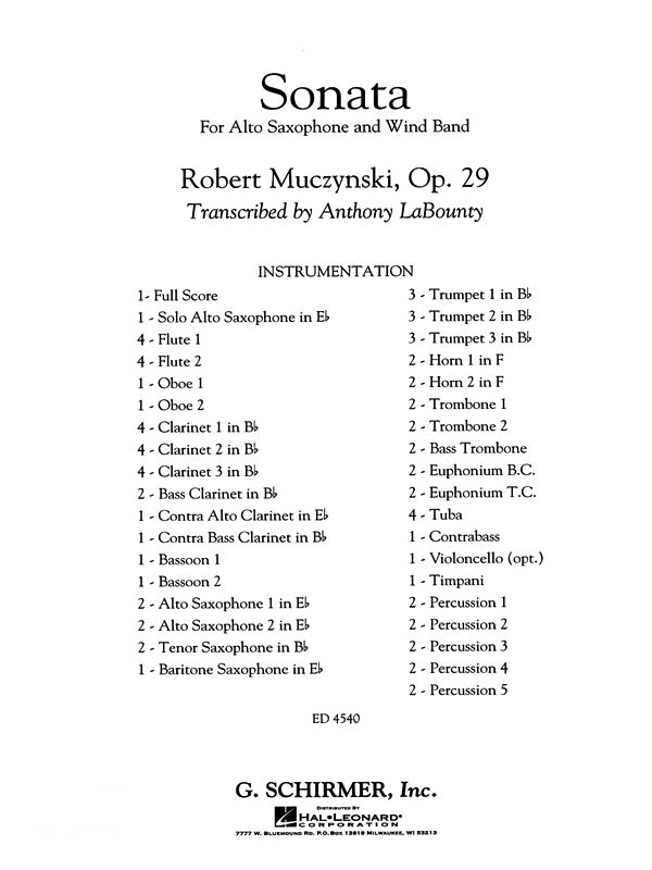 Robert Muczynski: Sonata for Alto Saxophone  Op. 29: Concert Band: Score
