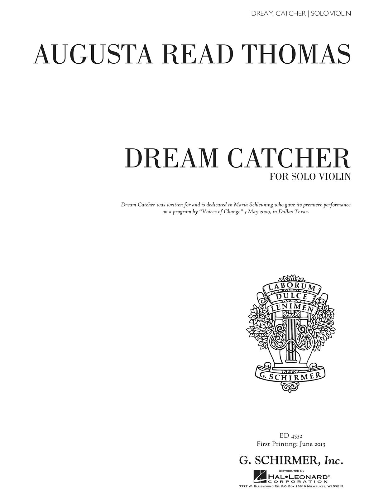 Augusta Read Thomas: Dream Catcher - Solo Violin: Violin: Instrumental Work
