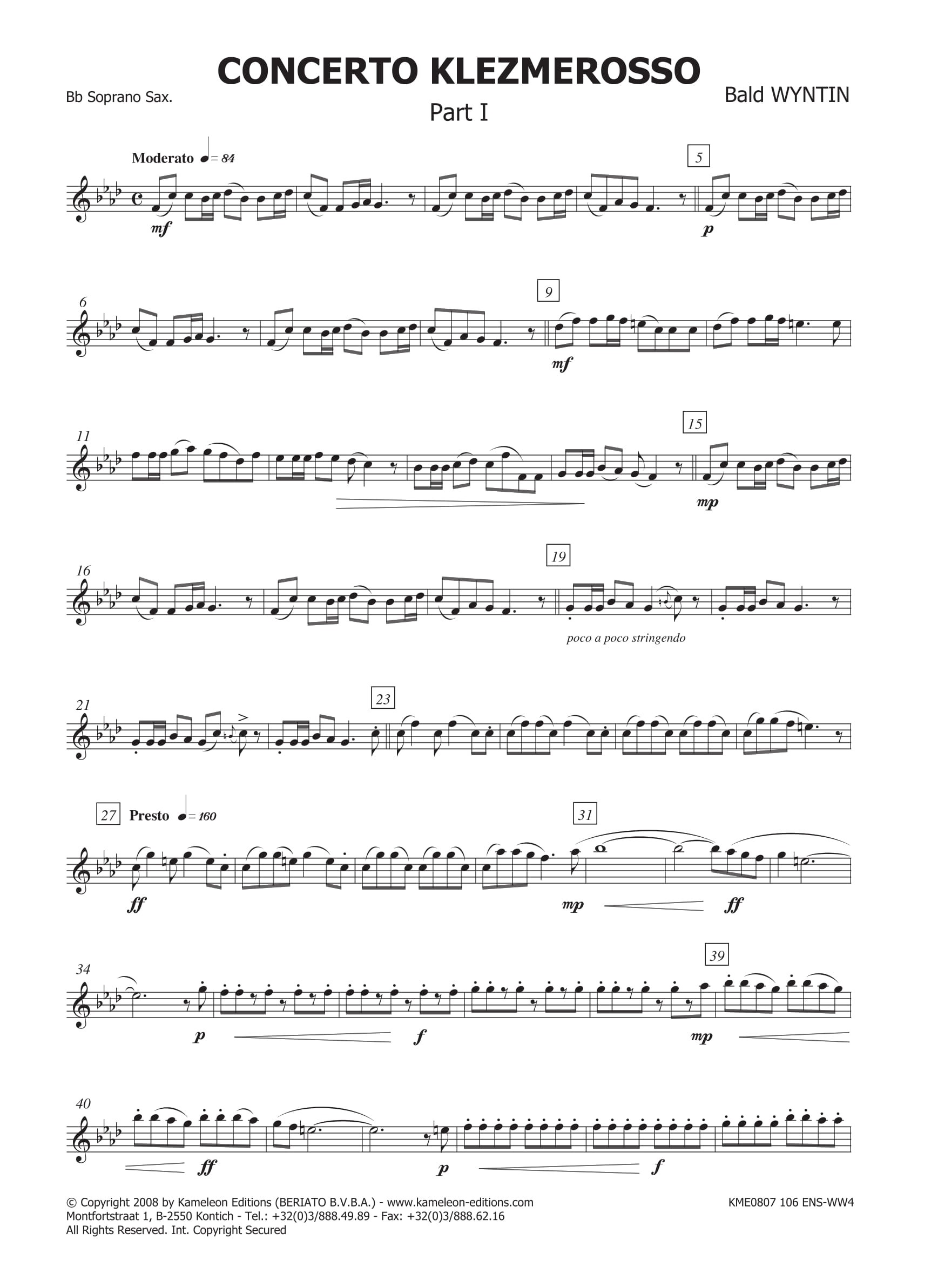 Bald Wyntin: Concerto Klezmerosso: Saxophone Ensemble: Score & Parts