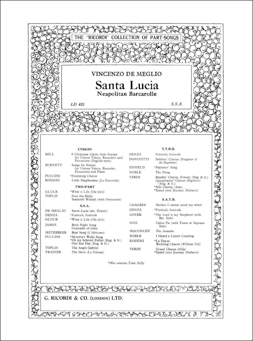 Vincenzo de Meglio: Santa Lucia: SSA: Vocal Score