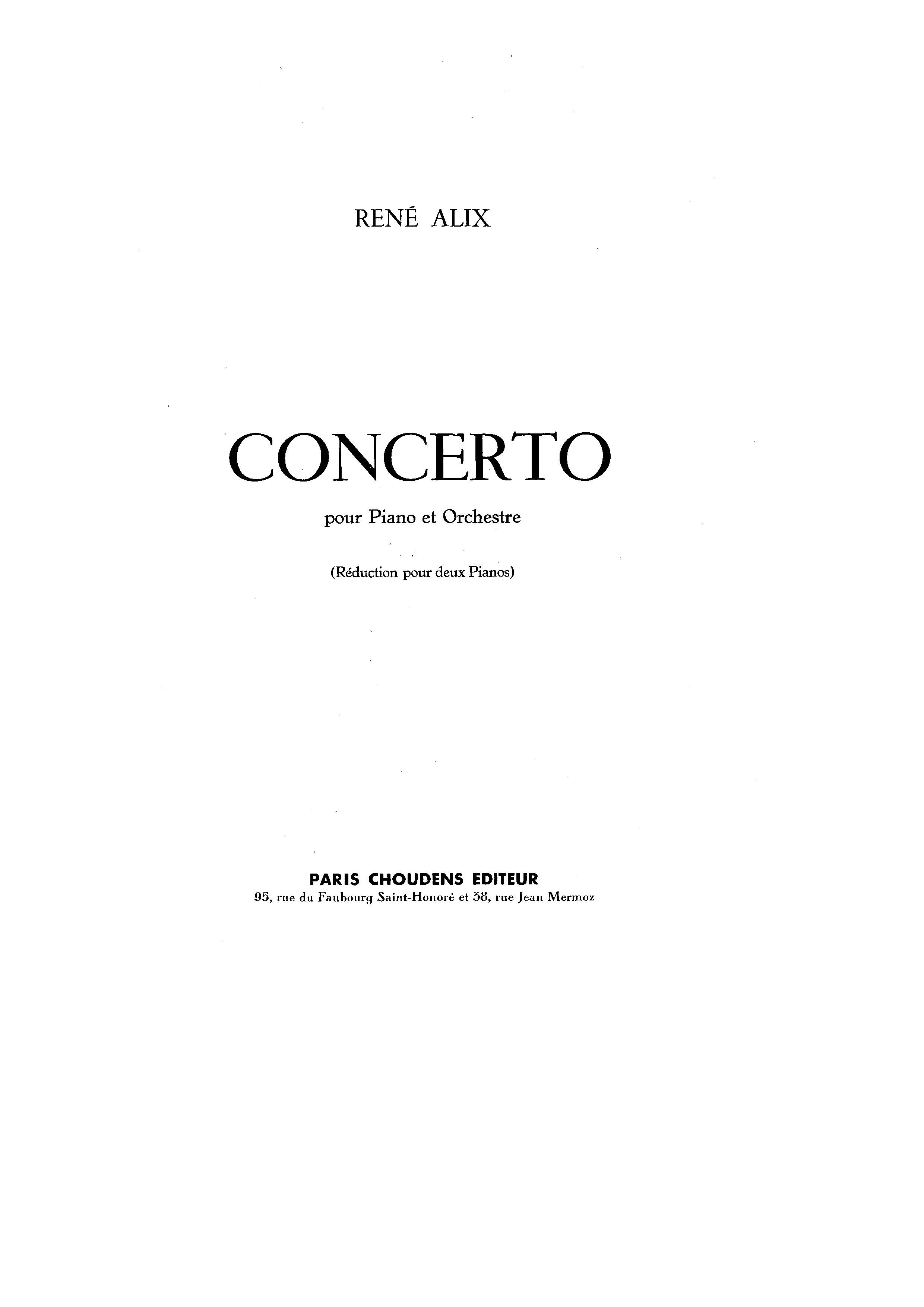 Ren Alix: Concerto pour Piano et Orchestre: Piano Duet: Score