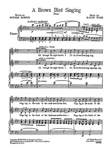 Haydn Wood: A Brown Bird Singing (Duet) in A Flat: Voice: Score