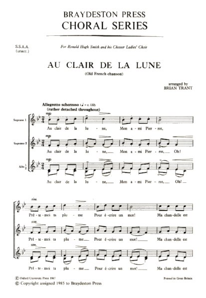 Au Clair De La Lune: SSAA: Vocal Score