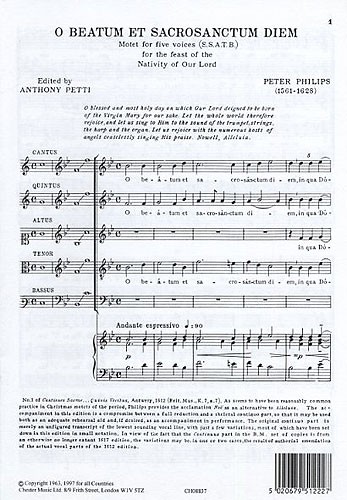 Peter Philips: O Beatum Et Sacrosanctum Diem: SATB: Vocal Score
