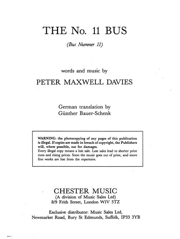 Peter Maxwell Davies: No 11 Bus: Piano: Instrumental Work