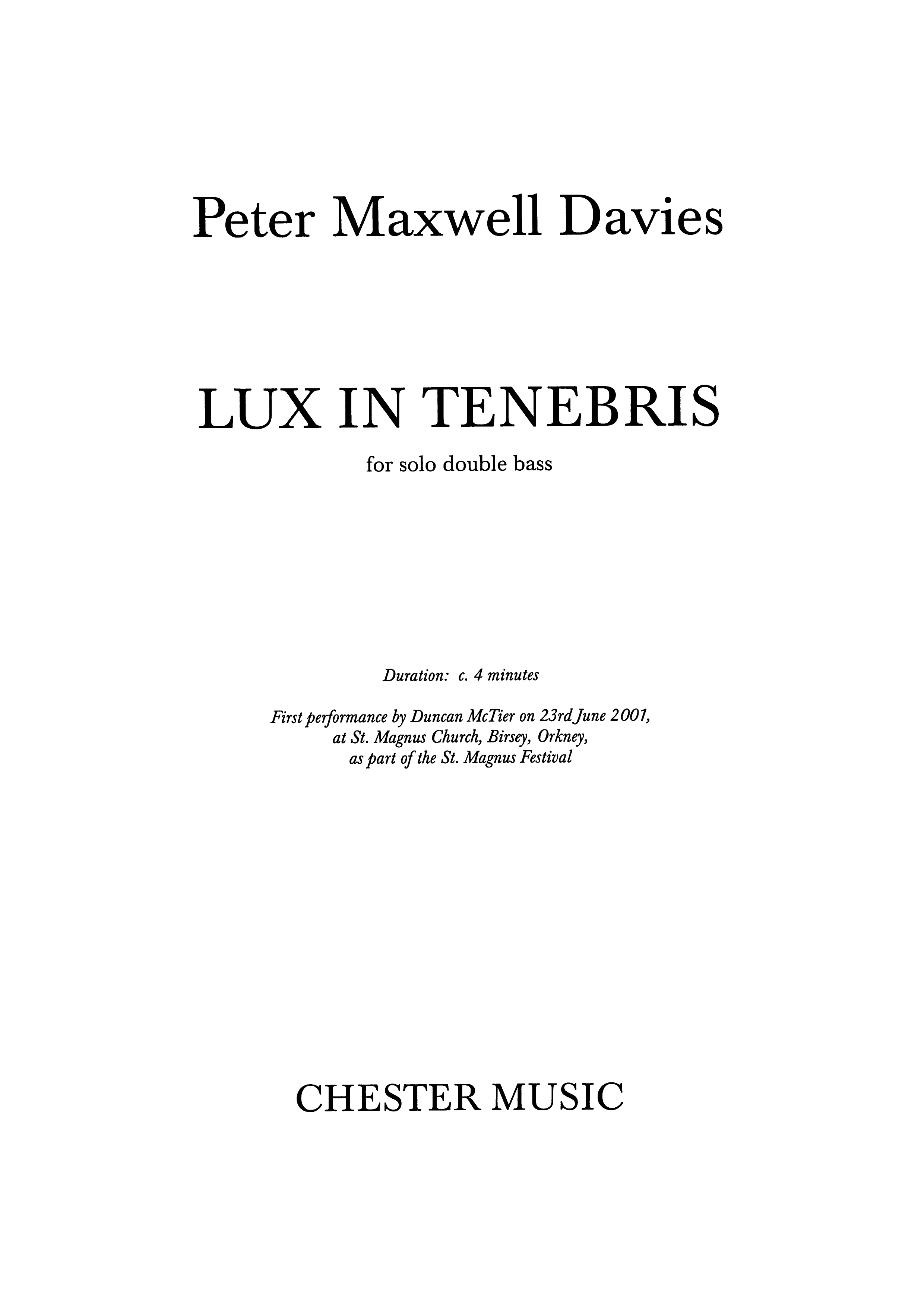 Peter Maxwell Davies: Lux In Tenebris: Double Bass: Instrumental Work