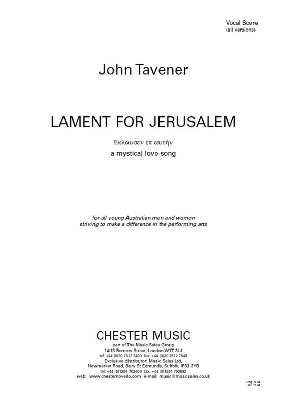 John Tavener: Lament For Jerusalem: SATB: Vocal Score