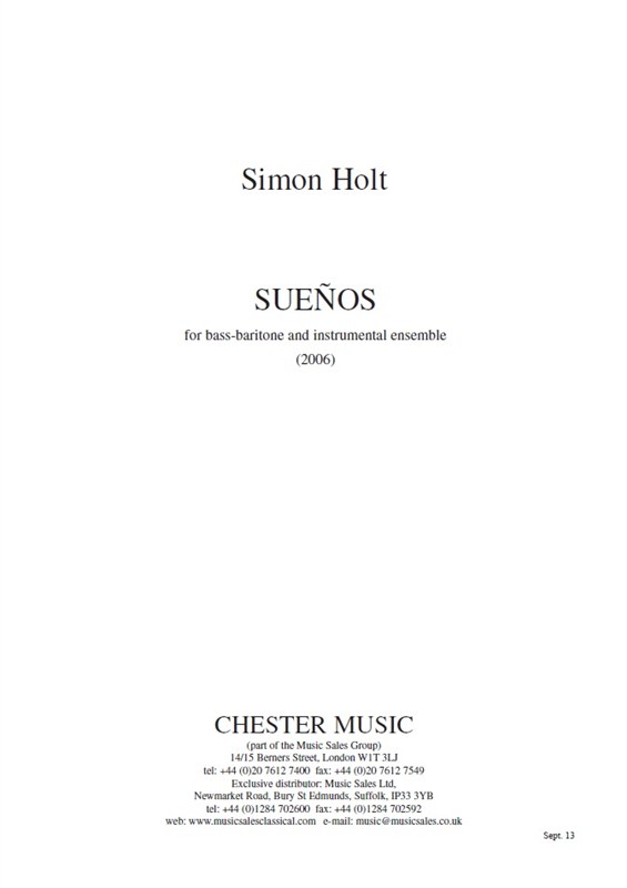 Simon Holt: Sueos: Baritone Voice: Study Score
