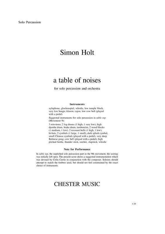 Simon Holt: A Table Of Noises (Percussion Part): Percussion: Part