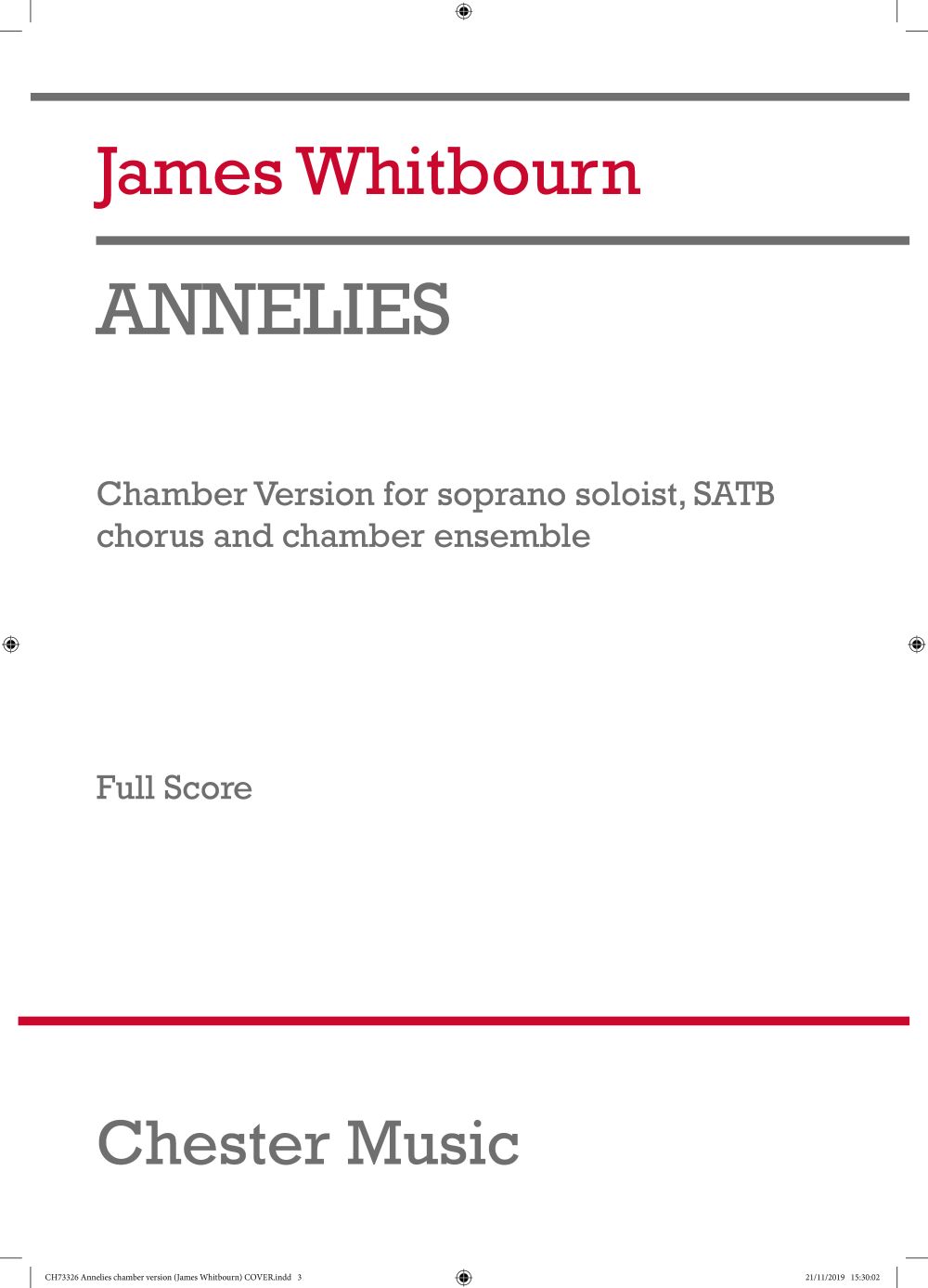 James Whitbourn: Annelies (Chamber Version): Soprano: Score