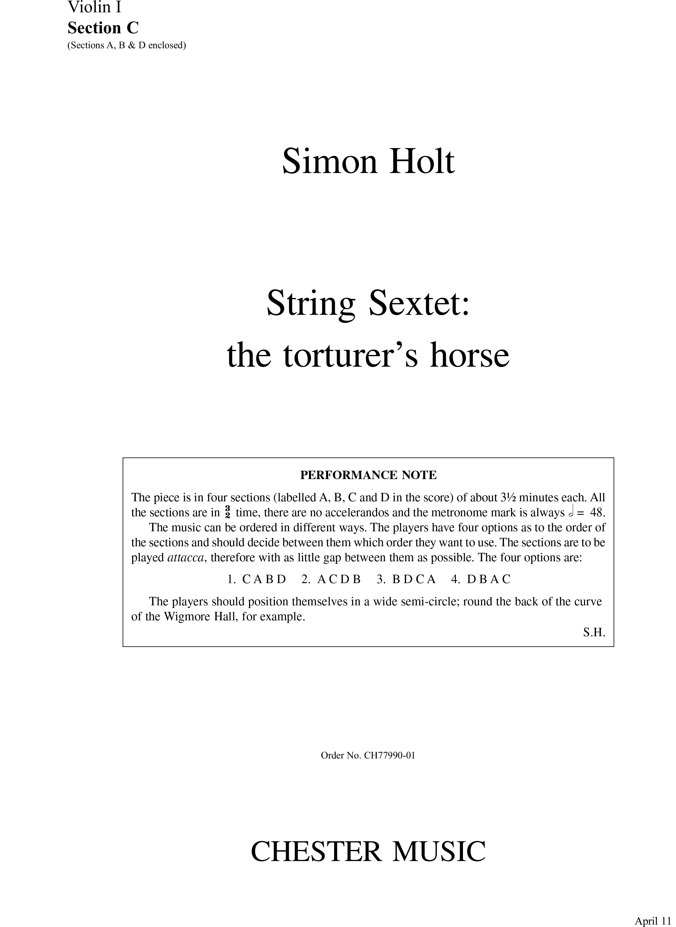 Simon Holt: String Sextet - The Torturer's Horse (Parts): String Ensemble: Parts