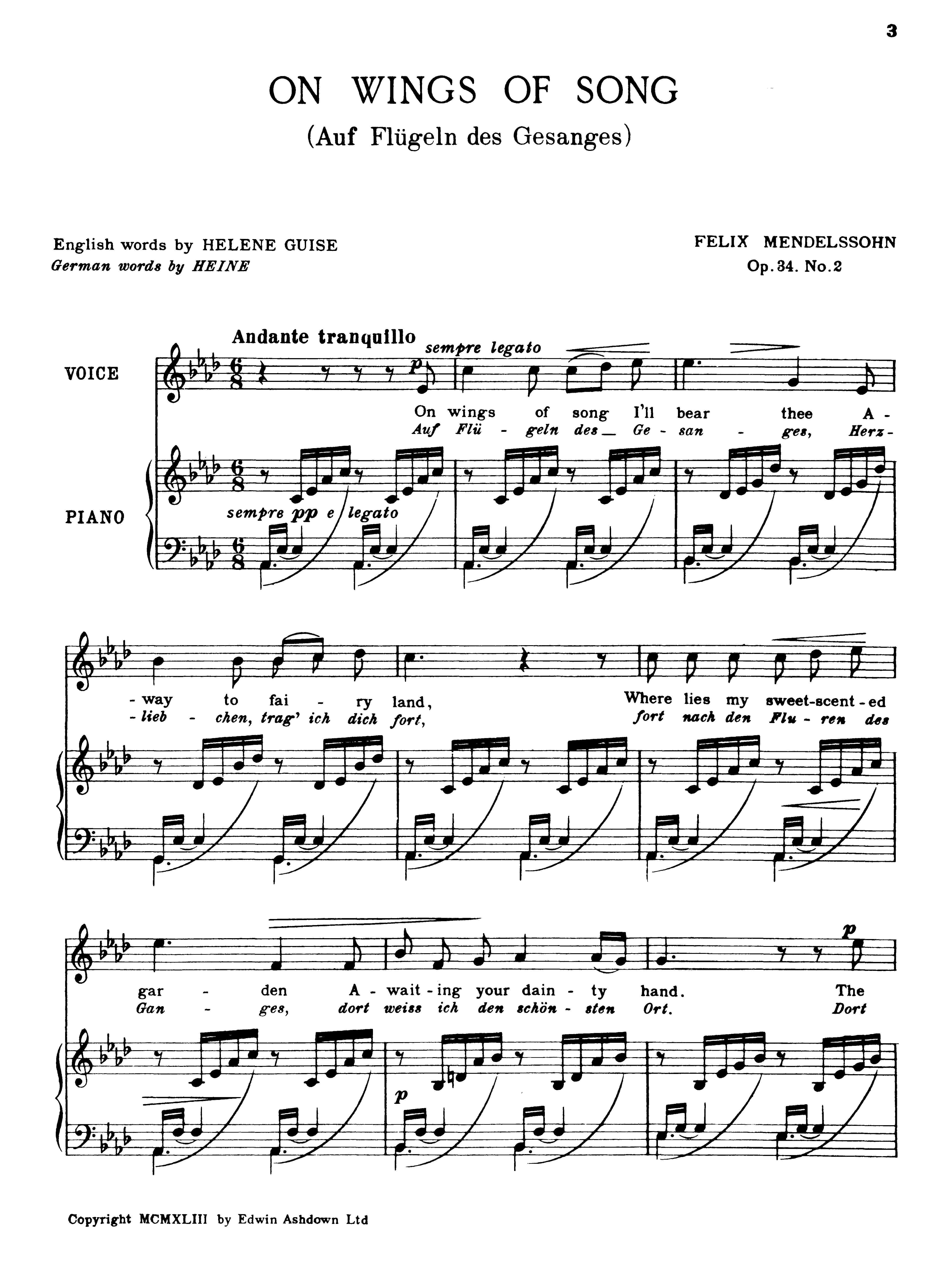 Felix Mendelssohn Bartholdy: On Wings Of Song Op. 34 No. 2: Voice: Vocal Work