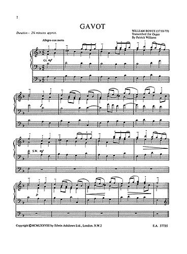 William Boyce: Gavot From Symphony No. 4: Organ: Instrumental Work
