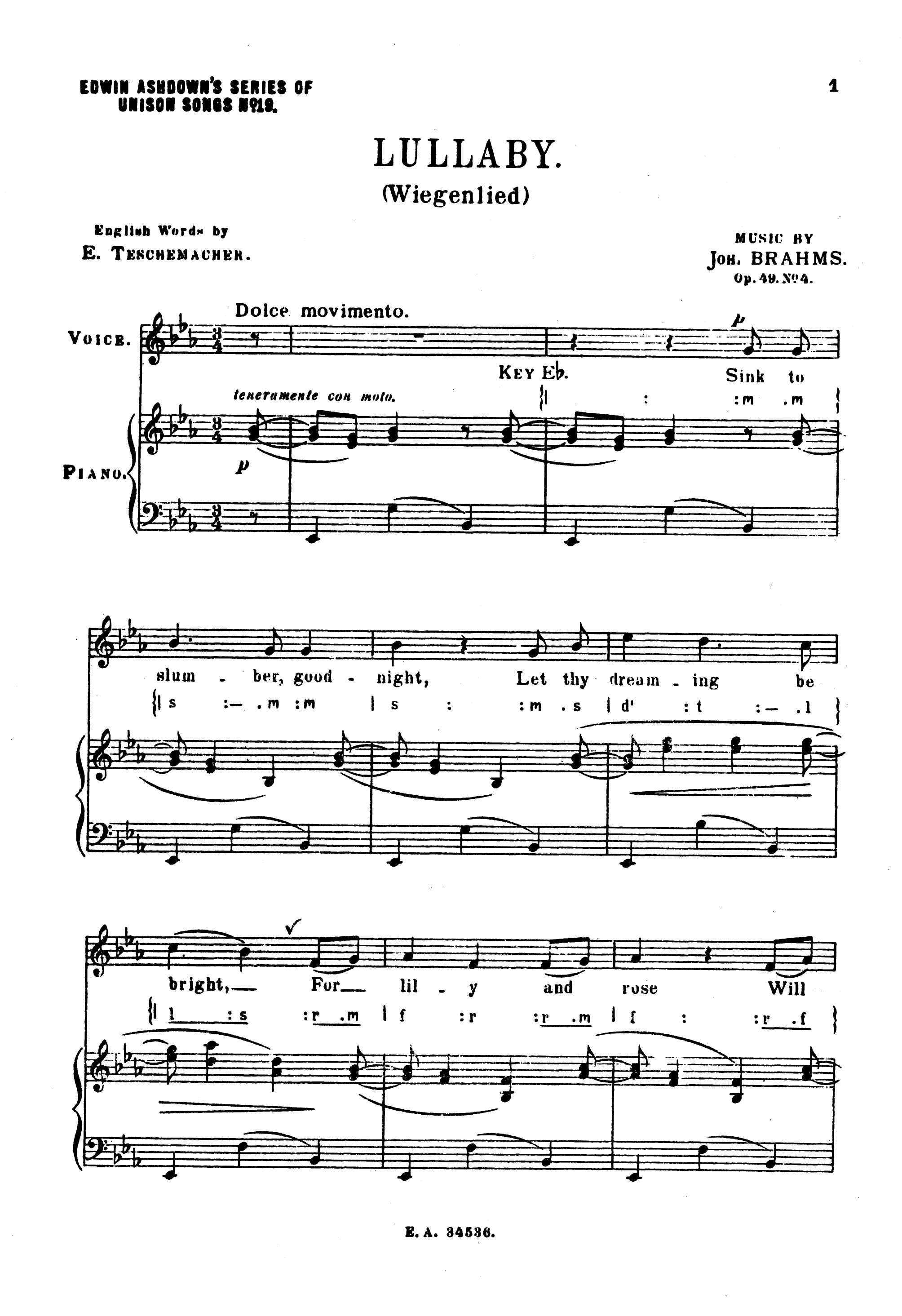 Johannes Brahms: Lullaby: Unison Voices