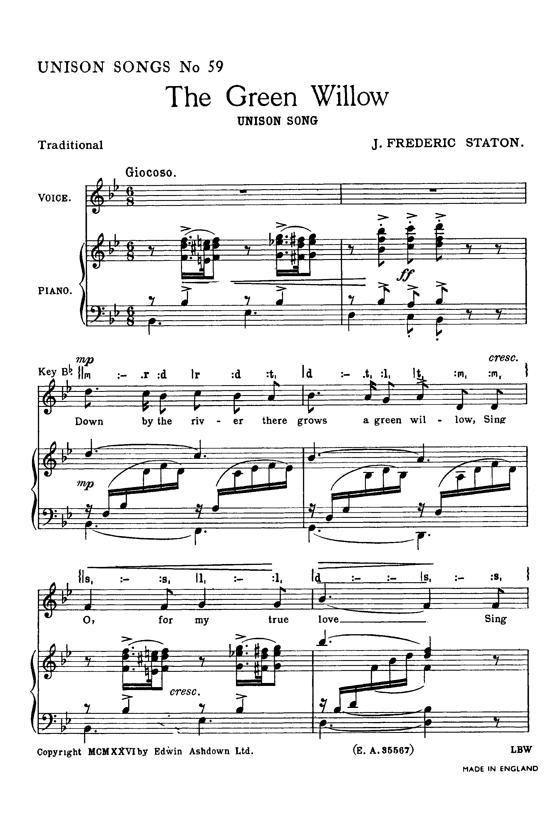 J. Frederic Staton: The Green Willow: Unison Voices: Vocal Score