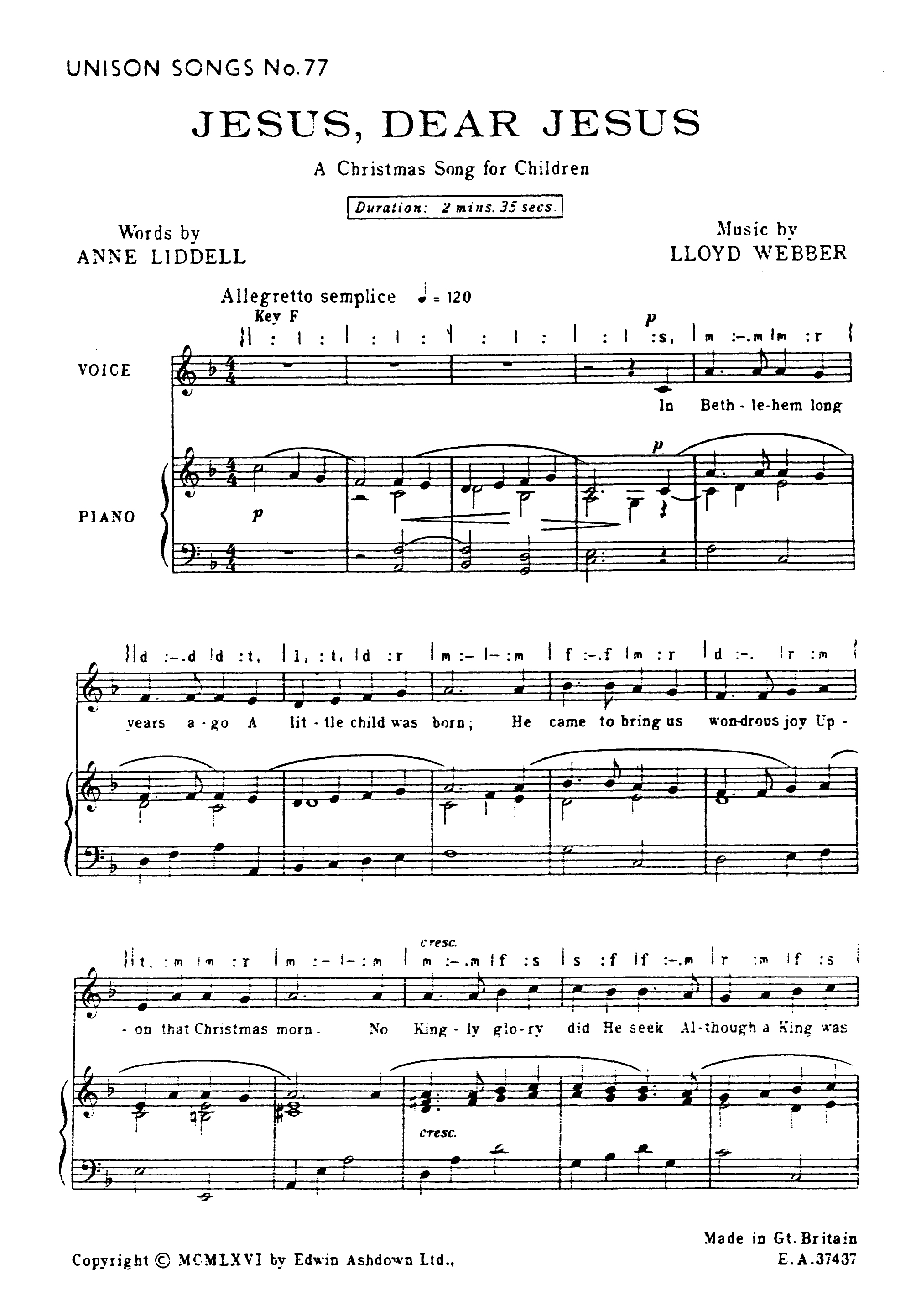 William Lloyd Webber: Jesus  Dear Jesus: Unison Voices: Vocal Score