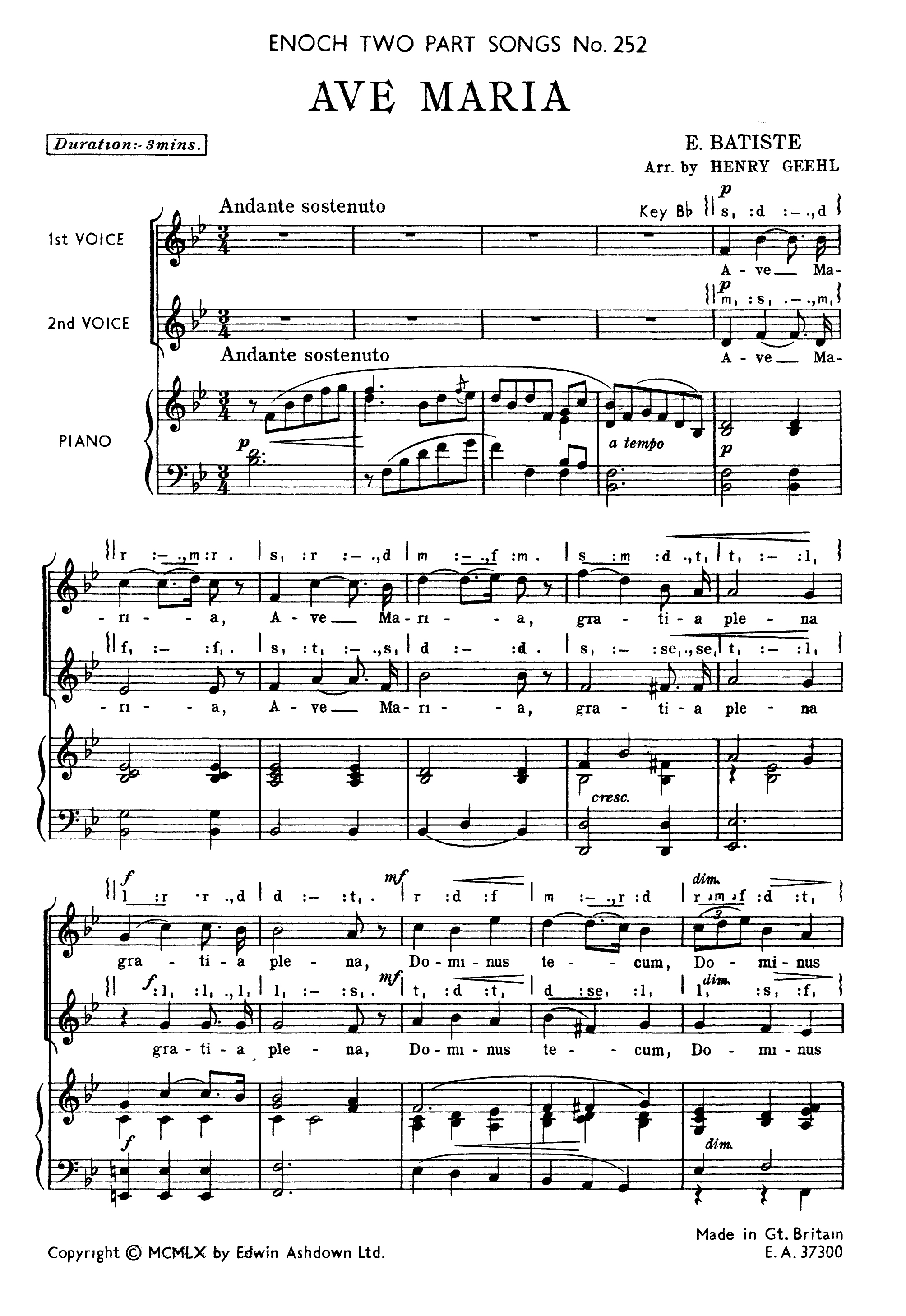A. Edouard Batiste: Ave Maria: 2-Part Choir: Vocal Score