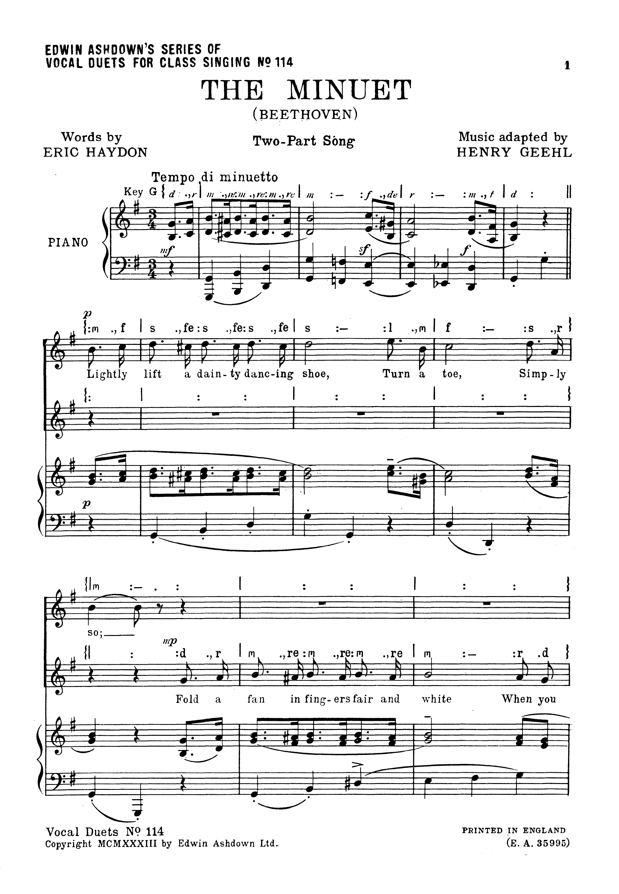 Ludwig van Beethoven: The Minuet: 2-Part Choir: Vocal Score